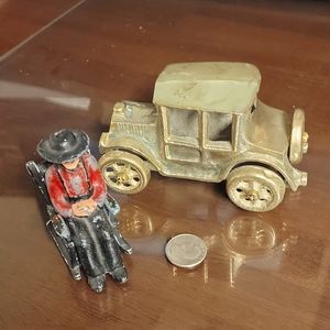 Vintage cast iron man in rocking chair Salt And Pepper Shakers and Vintage car